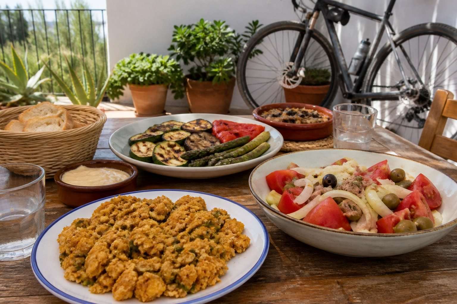 Mesa con zarangollo, ensalada murciana y verduras en una terraza