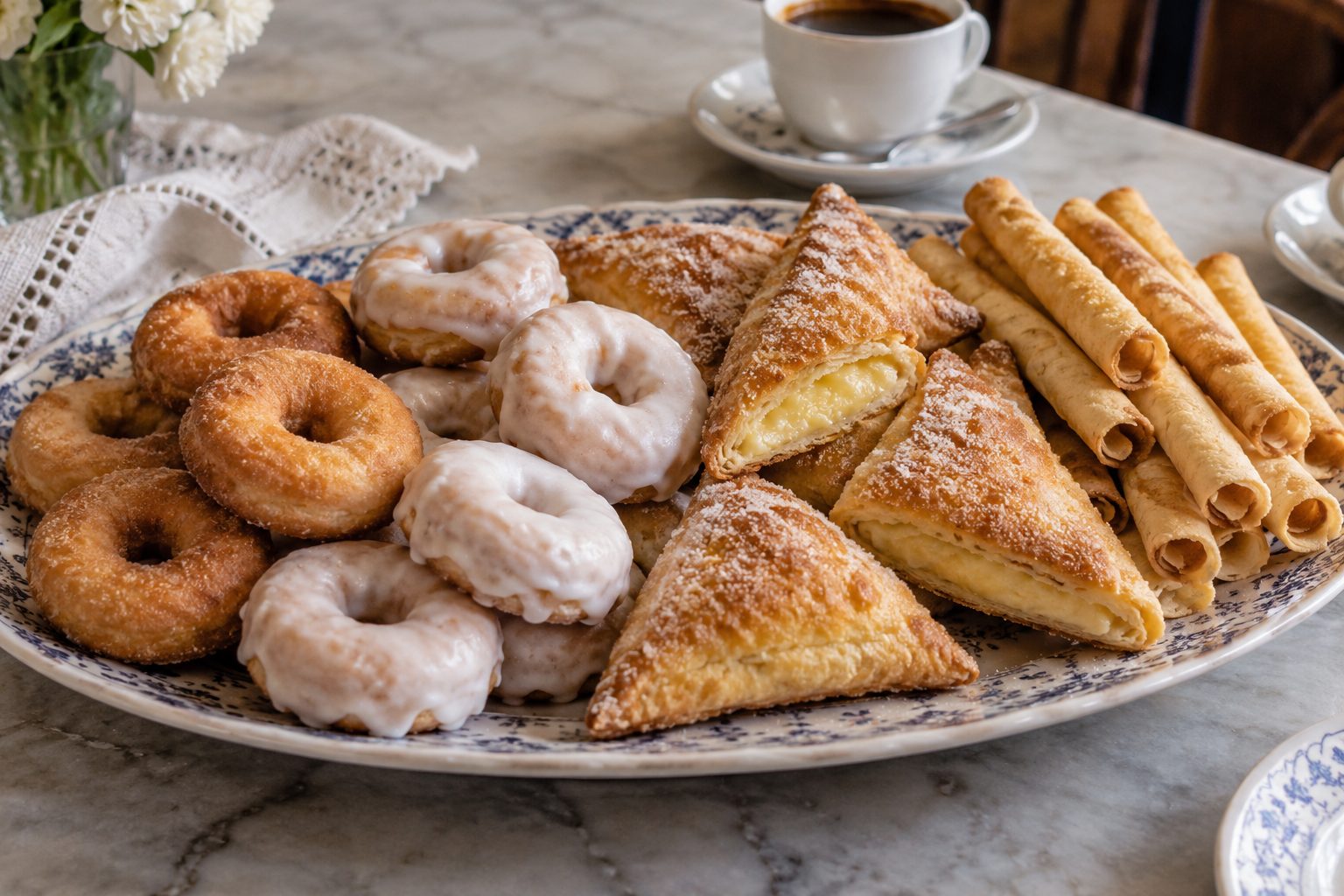 Bandeja con rosquillas sin cobertura y glaseadas, bartolillos triangulares de crema y barquillos enrollados