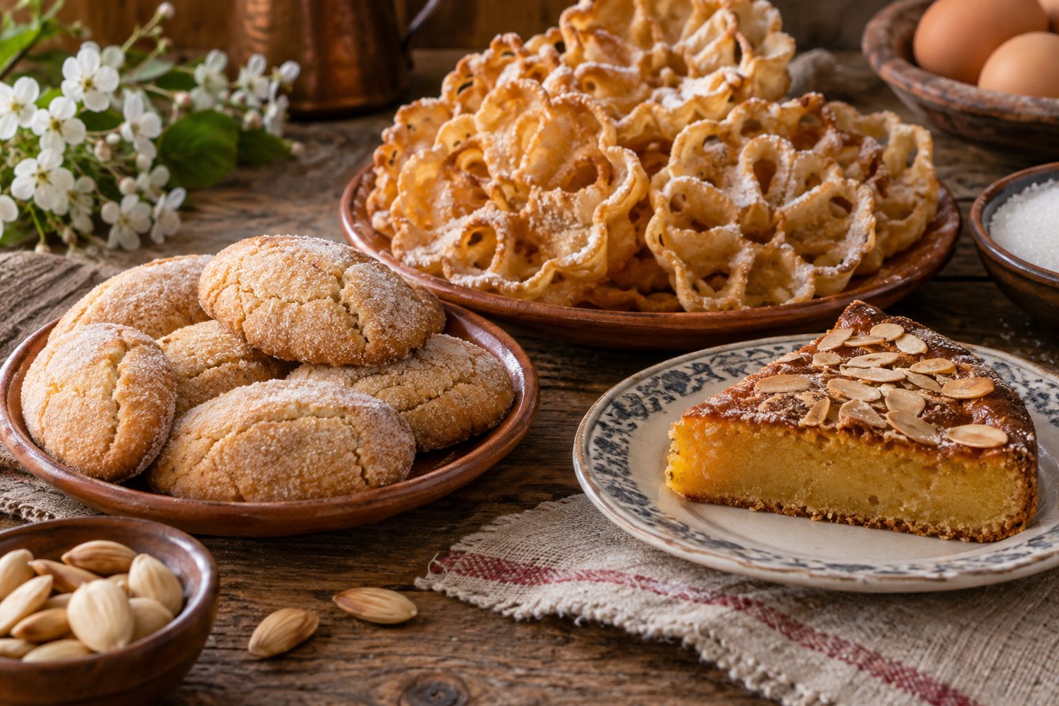 Perrunillas, flores fritas y una porción de tarta de almendra y yema sobre una mesa rústica