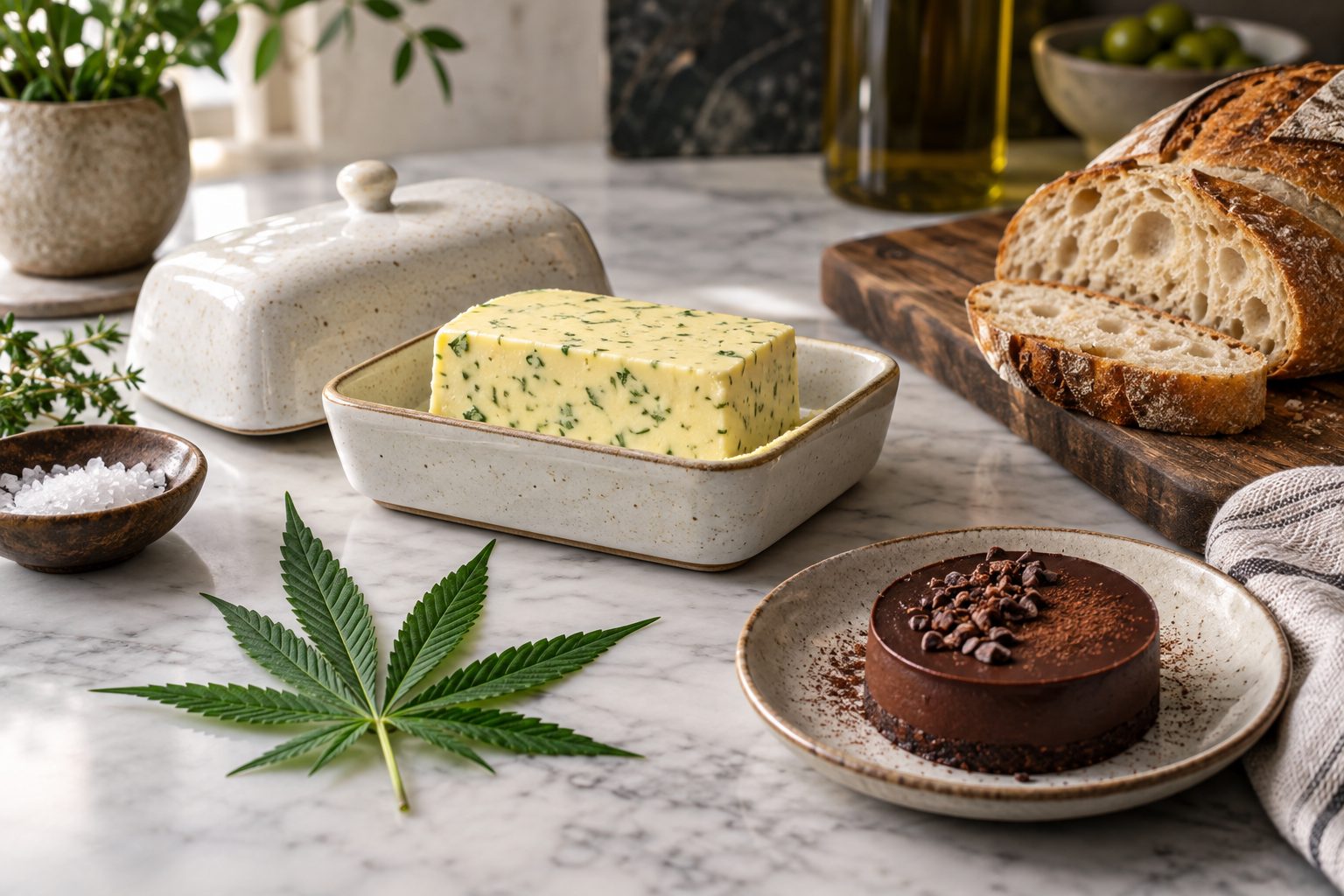 Composición gastronómica con mantequilla de hierbas, pan, postre de cacao y una hoja de cáñamo separada