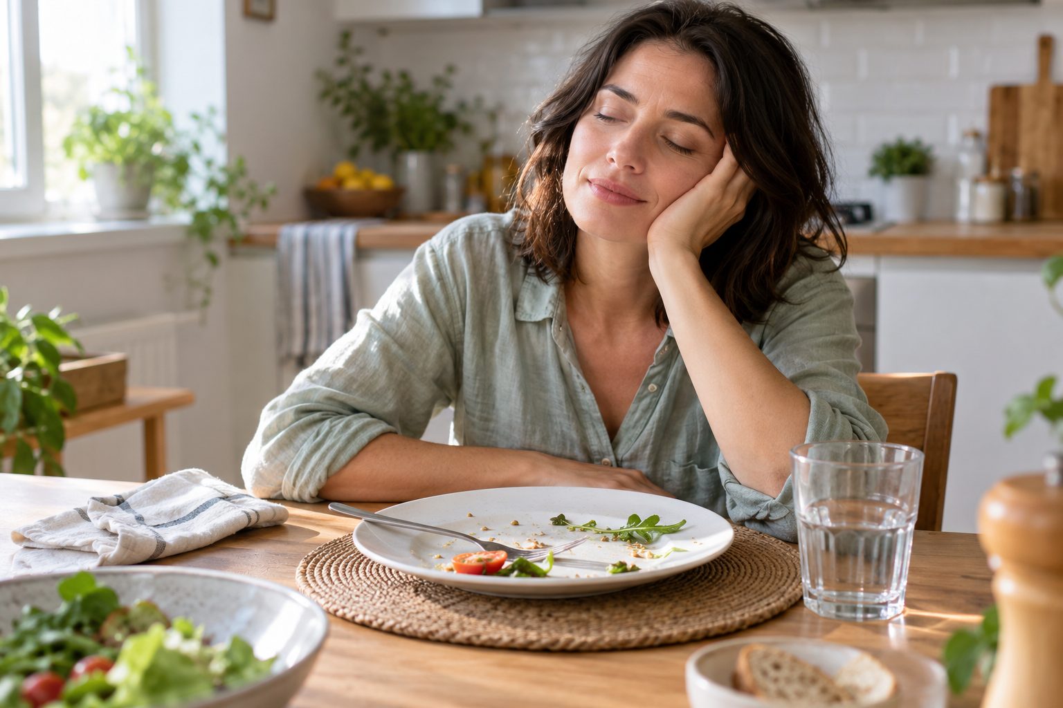 Persona con gesto de sueño sentada a la mesa después del almuerzo, junto a un plato y un vaso de agua